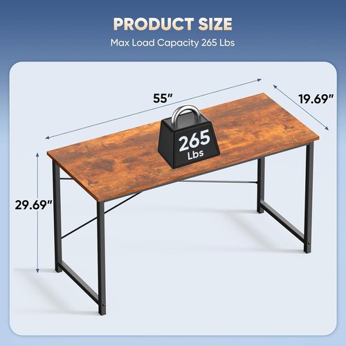 DUMOS 55-Inch Computer Desk - Modern Writing & Gaming Workstation with Metal Frame | Wood Brown Finish