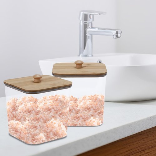 Yomjarl Bath Salt Container,2 Pack Clear Plastic Storage Bathroom Canisters with Wooden Lids & Handle,Airtight Bath Salt Dispenser Jars for Bathroom Organization Accessories,Bathtub Decor Box