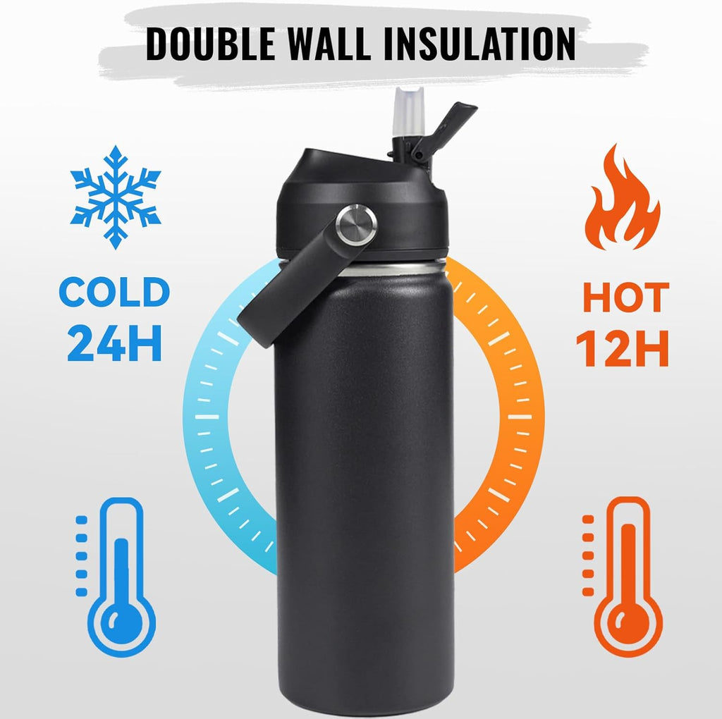 Skiennix 18oz Insulated Stainless Steel Water Bottle - Wide Mouth, Double Wall, Leak Proof, Black