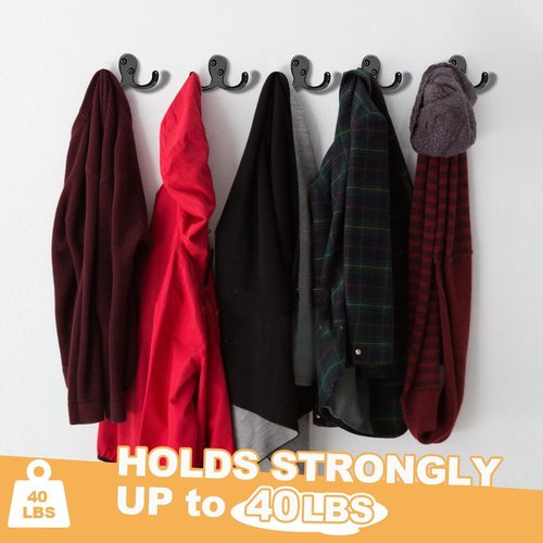 CBWLWJ Heavy Duty Double Prong Coat Hooks - 10 Pack Wall Mounted Metal Hooks for Home Use | Black
