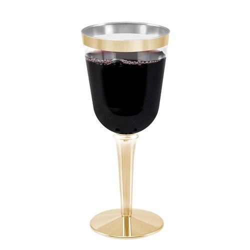 BloominGoods Disposable Wine Glasses With Stem, 10 Oz. Gold Rim Plastic Wine Glasses For Parties, Weddings, Large Clear Wine Cups Plastic, 50 Ct.