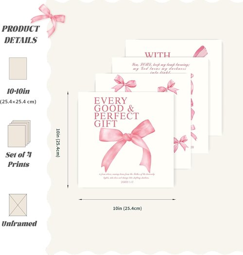 LARTSFRO Coquette Pink Bow Wall Art | Aesthetic Decor for Teen Girls - Set of 4 Unframed 10x10 Inch Prints