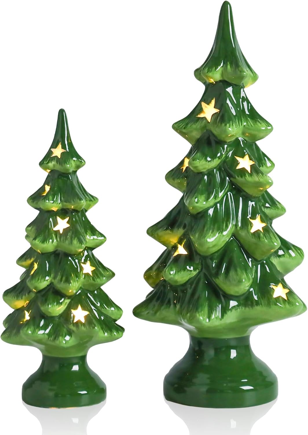 Taman Ceramic Christmas Tree | Light Up Tabletop Decoration Set of 2 - 10” & 7.5” with Warm Lights