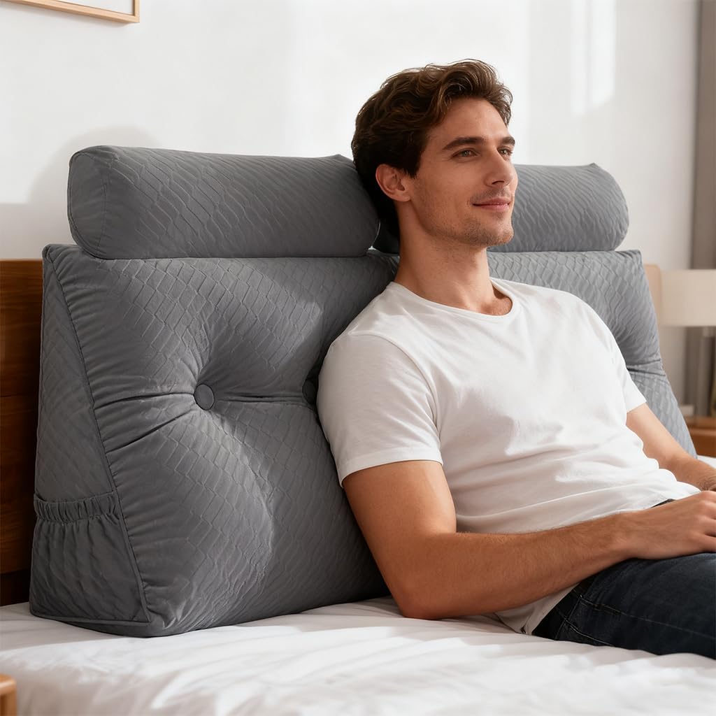 Velvet Triangular Headboard Wedge Pillow with Roll Pillow,Removable Cover Headboard Pillow Daybed Bunk Bed,Backrest Positioning Support Pillow Resting Reading Relaxing (Gray, Twin(39 * 20 * 8in))