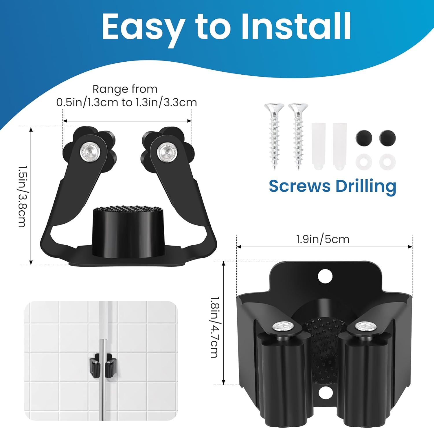 Skiennix Broom Holder Wall Mount - 7PCS Heavy-Duty Stainless Steel Mop Organizer | Black