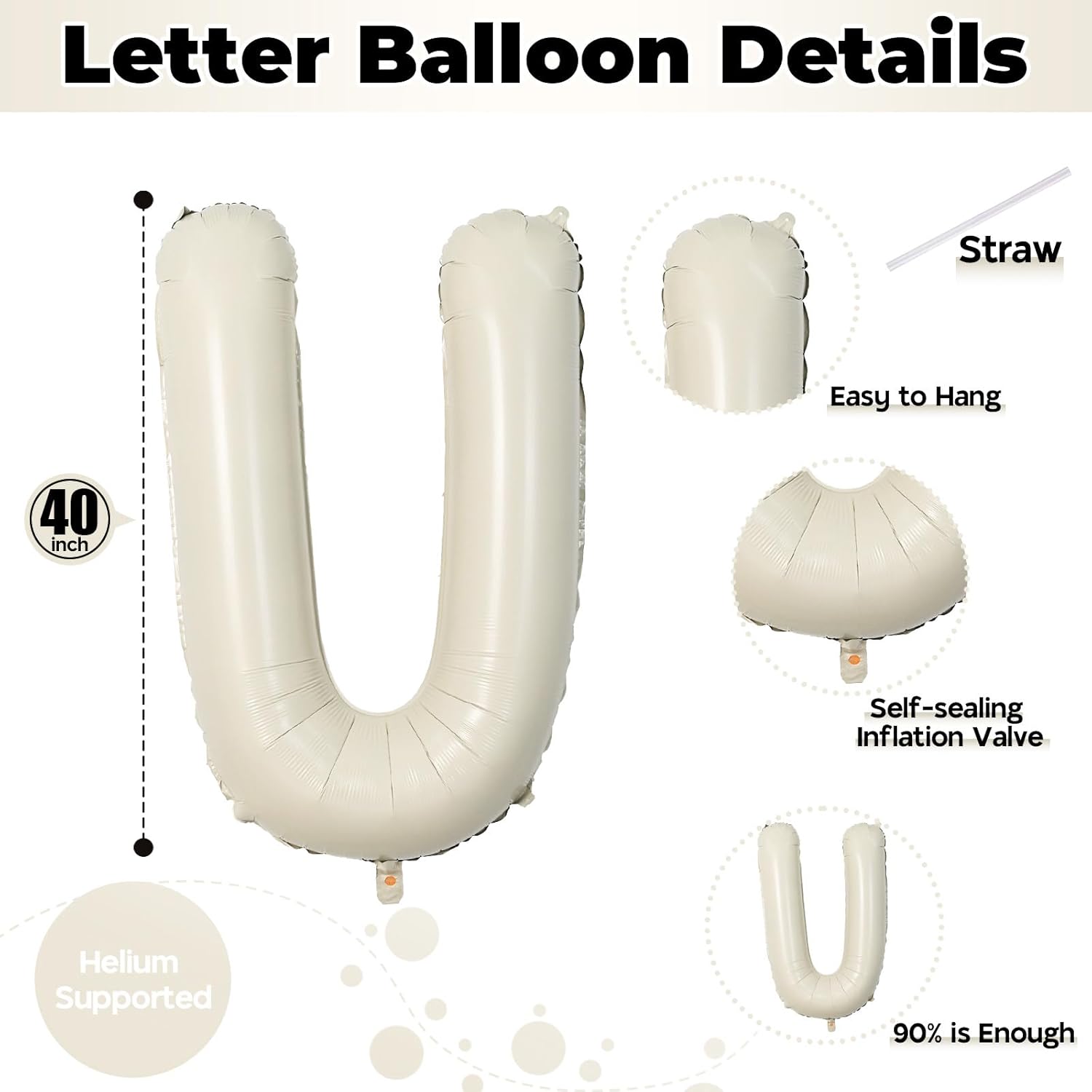 **Big Letters Balloon U - 40 Inch Cream White Sand Helium Mylar Alphabet for Custom Name Decor**