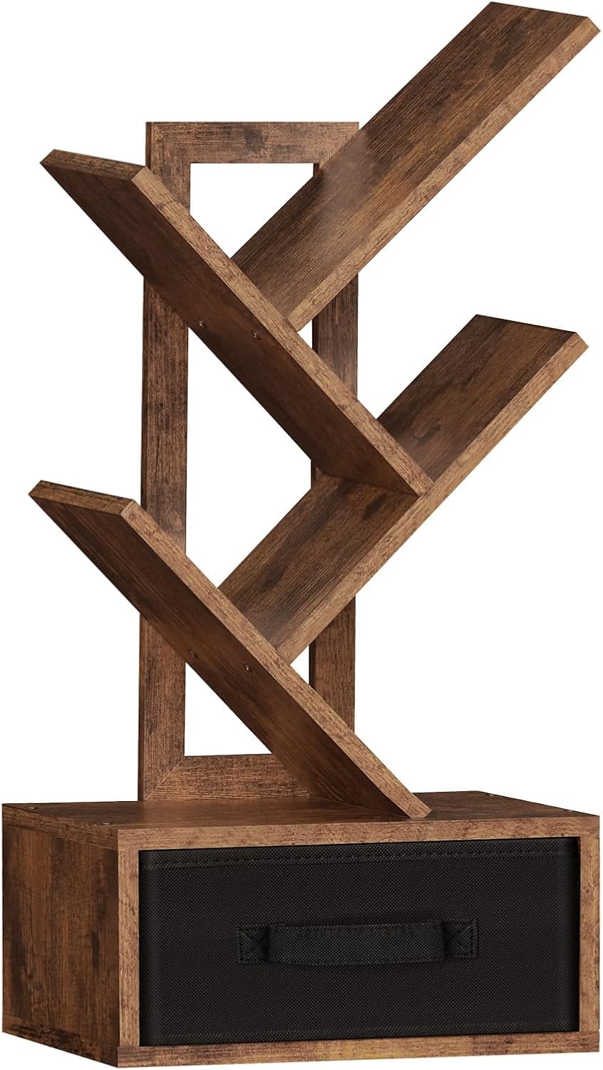 Simple Deluxe 4-Tier Tree Bookshelf with Drawers, Compact Corner Bookcase with Storage Cabinet & Open Shelves, Rustic Brown Small Space Storage Solution for Living Room/Study/Hallway