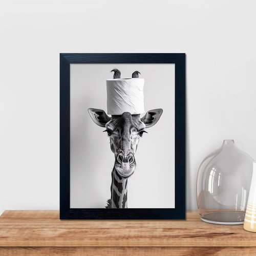 Giraffe Wall Art by Funny Bathroom Decor | Humorous Canvas Print with Toilet Paper Roll | Black & White Framed Artwork