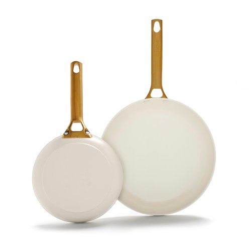 GreenPan Hard Anodized Healthy Ceramic Nonstick 8" and 10" Frying Pan Skillet Set, Gold Handle, PFAS-Free, Dishwasher Safe, Oven Safe, Cream White