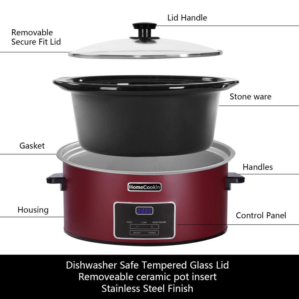 HOMECOOKIN 7 Quart Programmable Slow Cooker, Kitchen Appliances, Perfect Kitchen Small Appliance for Family Dinners, Red Stainless Steel