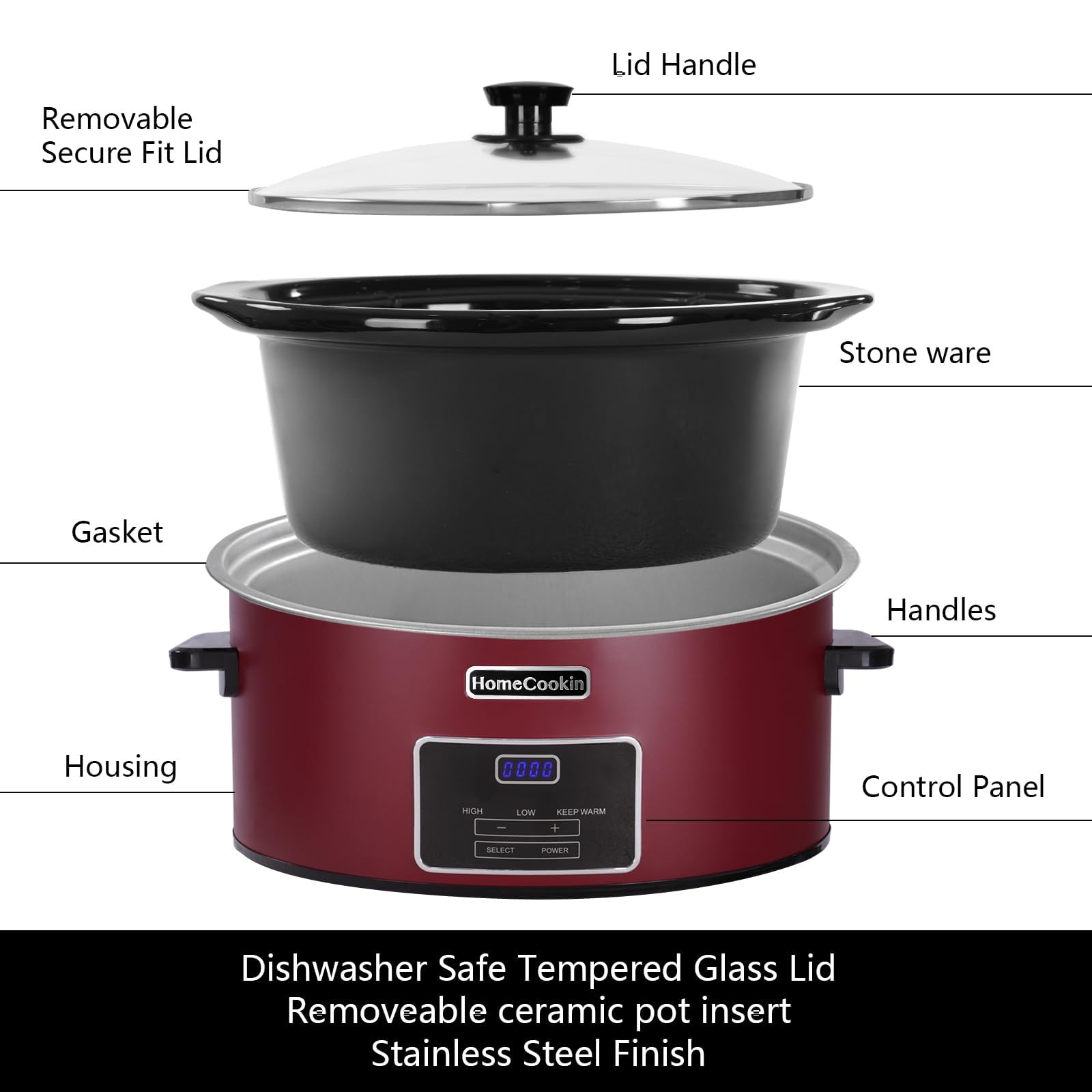 HOMECOOKIN 7 Quart Programmable Slow Cooker, Kitchen Appliances, Perfect Kitchen Small Appliance for Family Dinners, Red Stainless Steel