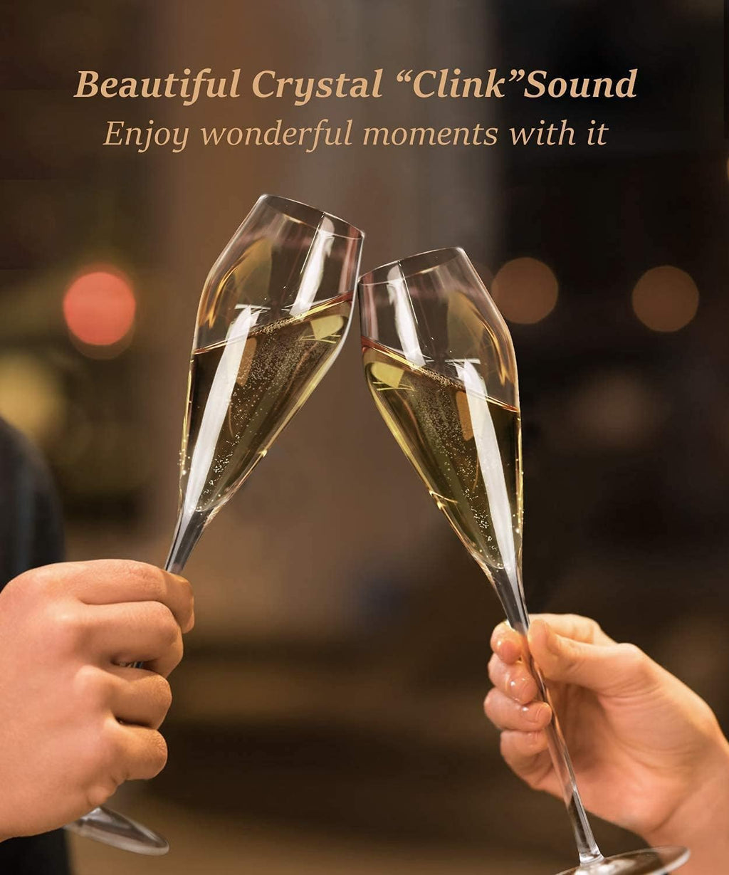 Champagne Flutes Glasses Set of 2, Hand Blown Crystal Wedding Flutes Glass, Ideal for Weddings, Anniversaries, Christmas, Special Days, 10.5 inch, 7.5 oz, Clear
