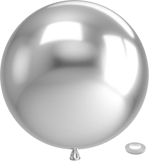 Bezente Metallic Silver Giant Balloons - 36 Inch Jumbo Chrome Silver Latex Balloons for Weddings & Parties
