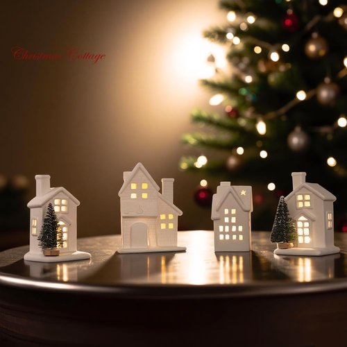 Christmas Village Set - 4 Lighted Ceramic Houses & 3 Trees | Indoor White Christmas Decorations