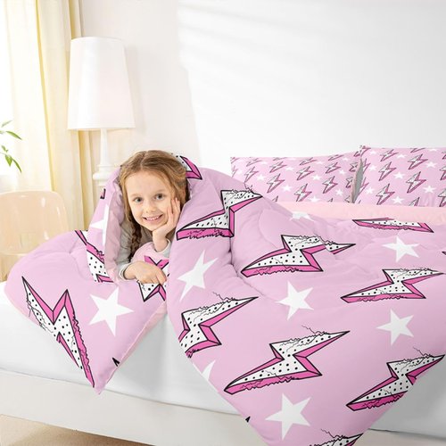 Homewish Lightning Light Print Kids Comforter Set Twin Size,Boys Girls Adults Bedroom Decor,Abstract Stars Polka Dots Down Comforter,Stylish Chic Bedding Set,Pink Romantic Duvet Insert,1 Pillowcase