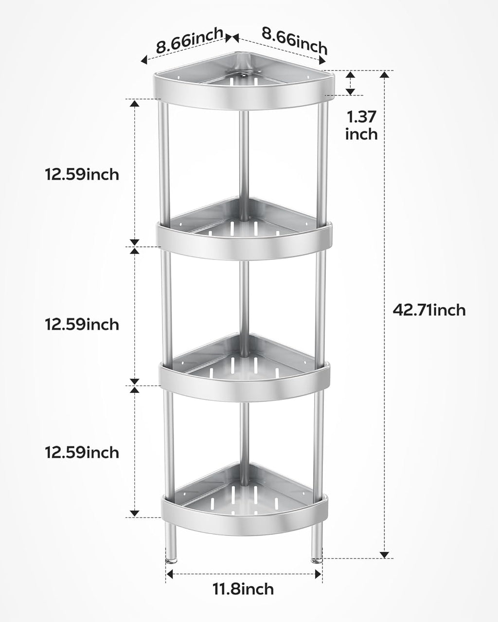 Nieifi Corner Shower Caddy Stand - 4-Tier Rustproof Aluminum Organizer | Height-Adjustable Legs, Silver