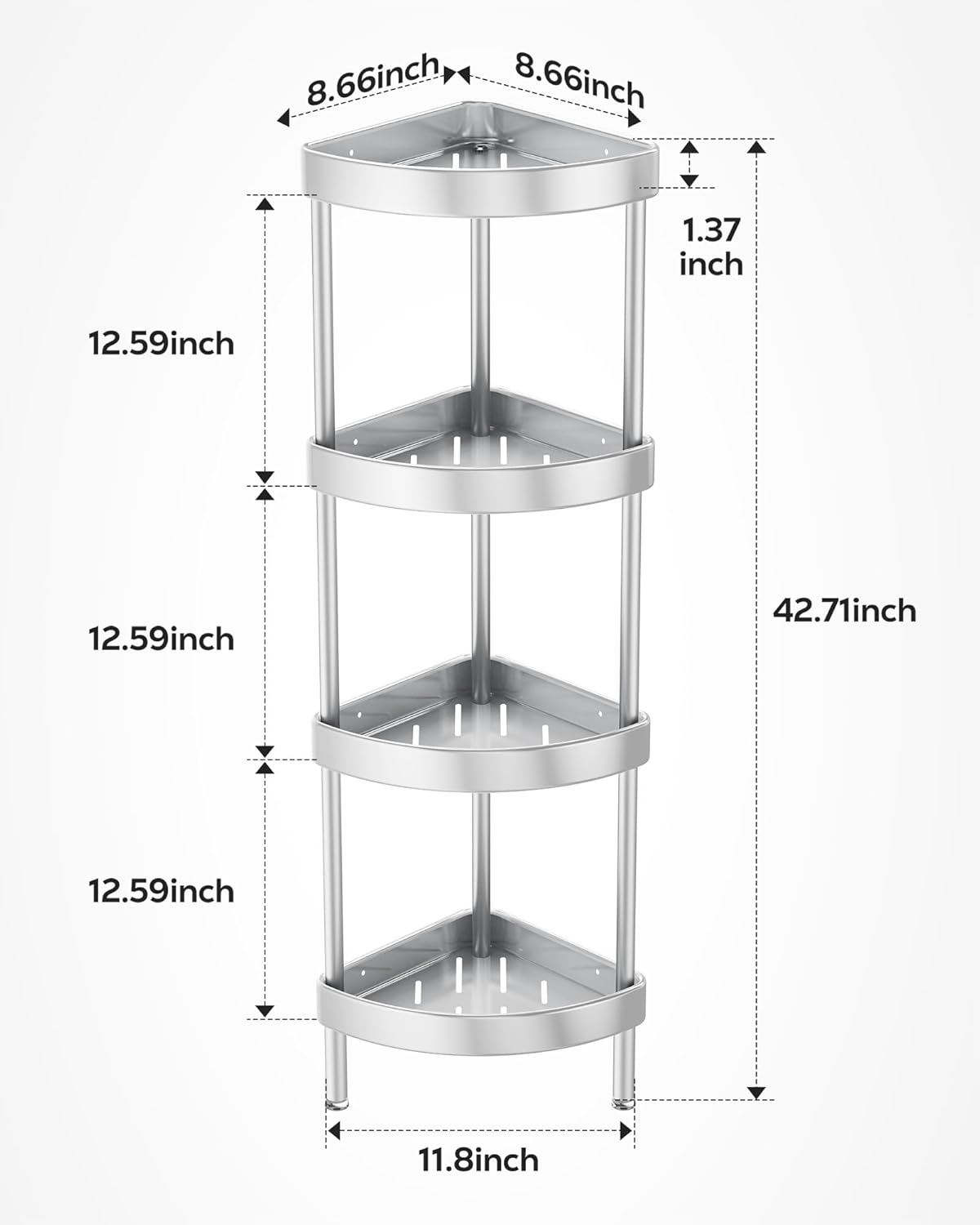 Nieifi Corner Shower Caddy Stand - 4-Tier Rustproof Aluminum Organizer | Height-Adjustable Legs, Silver