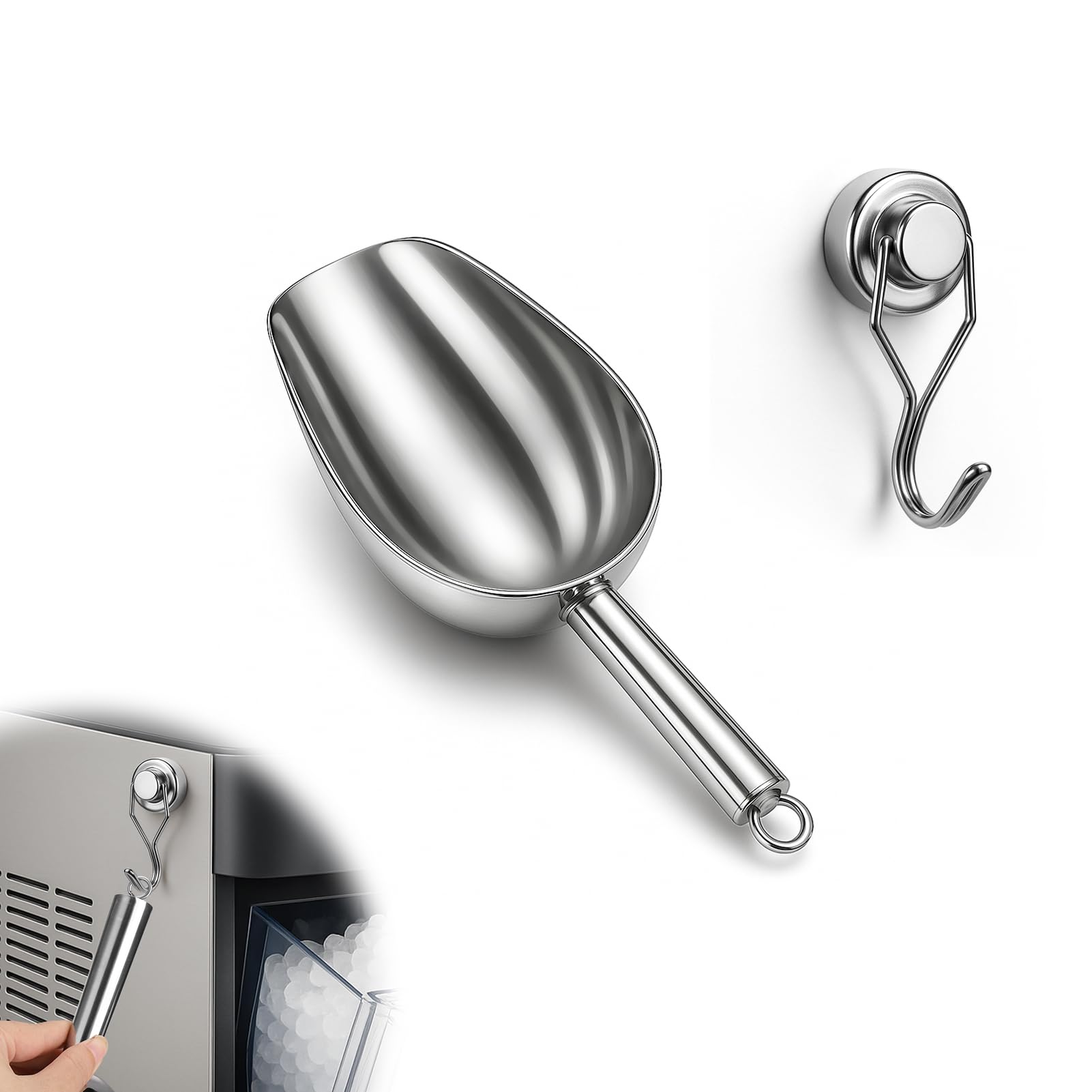 Stainless Steel Ice Scoop for Freezer with Magnetic Hook - Ice Scoop for GE Profile Opal 2.0 Nugget Ice Maker, for Kitchen Bar Party Accessories (3OZ-Silver)
