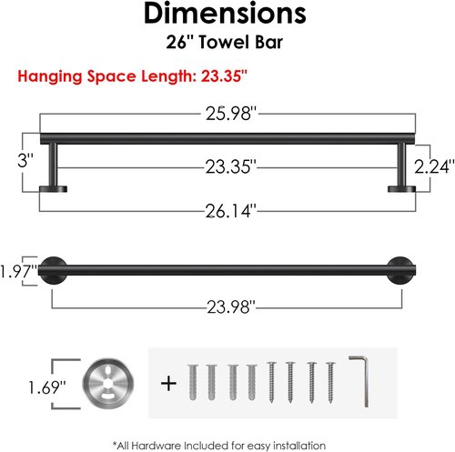 FORIOUS 24-Inch Black Towel Bar - Durable Stainless Steel Bathroom Rack with Wall Mounting Hardware