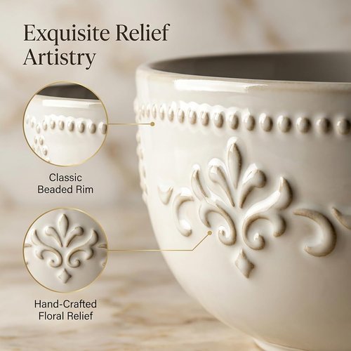 Artena Ceramic Soup Bowls Set of 4 - 32 OZ Embossed Ramen & Cereal Bowls | 6.3 Inch White Dinnerware