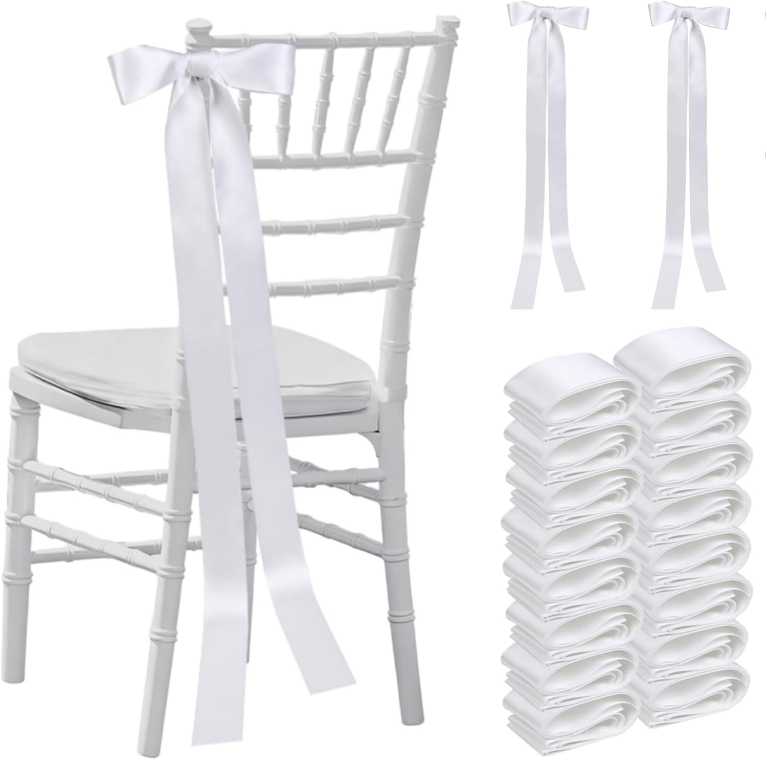 Skiennix Wedding Ribbons - 30 Pcs Satin Chair Sashes for Aisle & Pew Decorations | 90.55"x1.96" White