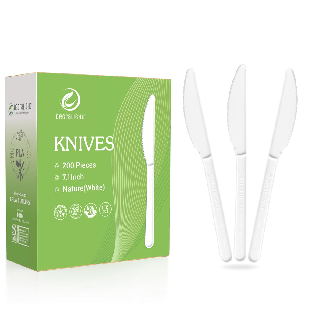 Degralight 100% Compostable Knives - 200Pcs CPLA Knives, Durable and Heat Resistant CPLA Disposable Cutlery, No Plastic Disposable Silverware for Party, Wedding, Office & Daily