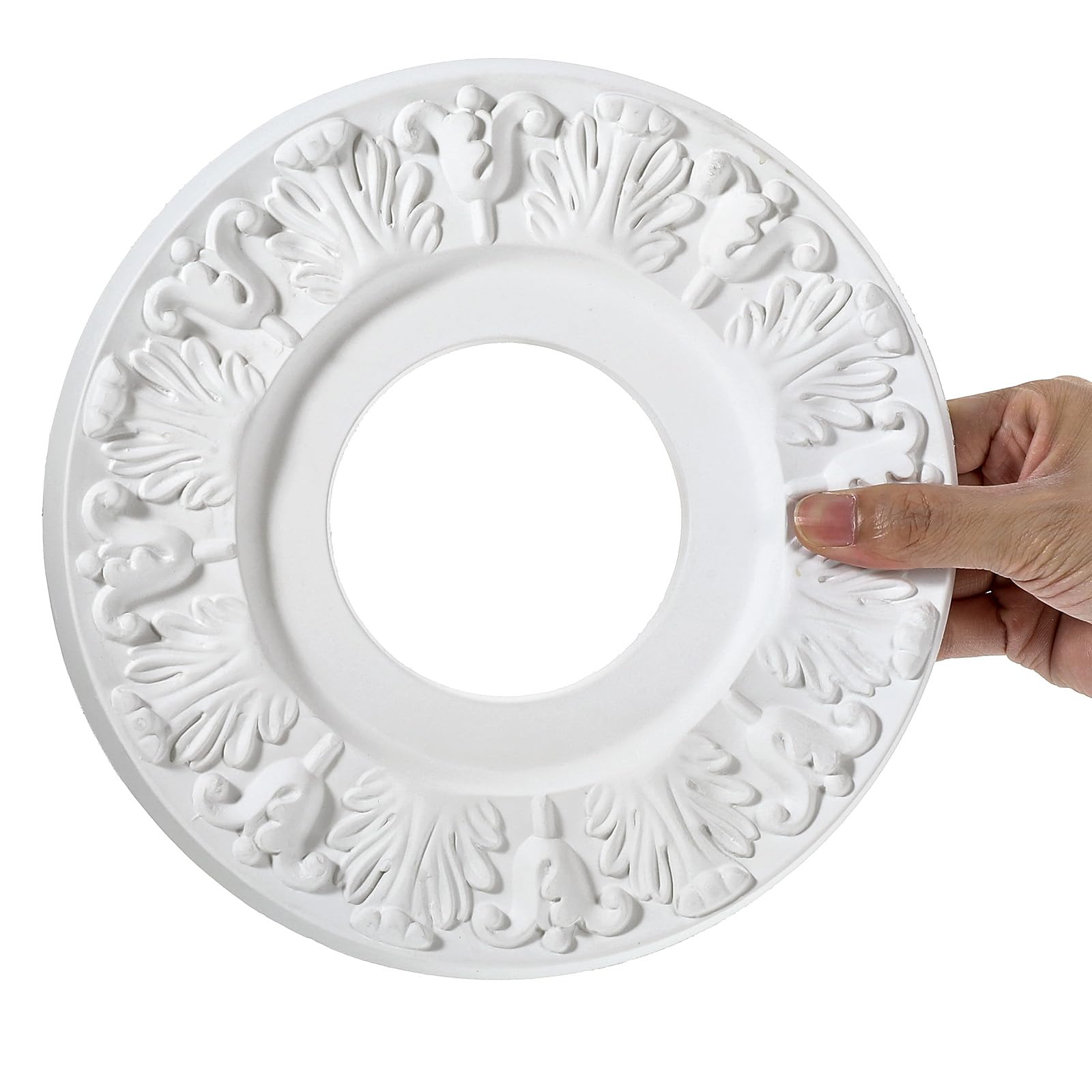 PercyEffie 2 Pcs Ceiling Medallion Molded Vintage White Carved Flower PU Medallions for Light Fixtures and Ceiling Fans Decorative Victorian Floral Design