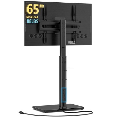 AX WABER Floor TV Stand with Power Outlet, Universal TV Stand Mount for 27-65 inch TV up to 88lbs, 70 Degree Swivel 9 Level Height Adjustable with Tempered Glass Base for Bedroom, Office Black