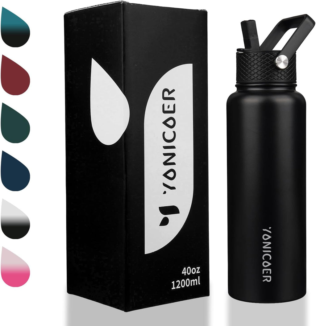 Skiennix Insulated Water Bottle - 40oz Triple Wall Vacuum Stainless Steel | Leak Proof, Non-BPA, Black