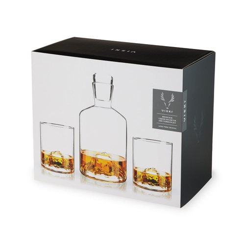 Viski Mountain Decanter and Tumbler Set, Percect for Scotch and Bourbon, Hand-Blown Whiskey Gifts for Men, Set of 3, 24oz Decanter, 9oz Tumblers