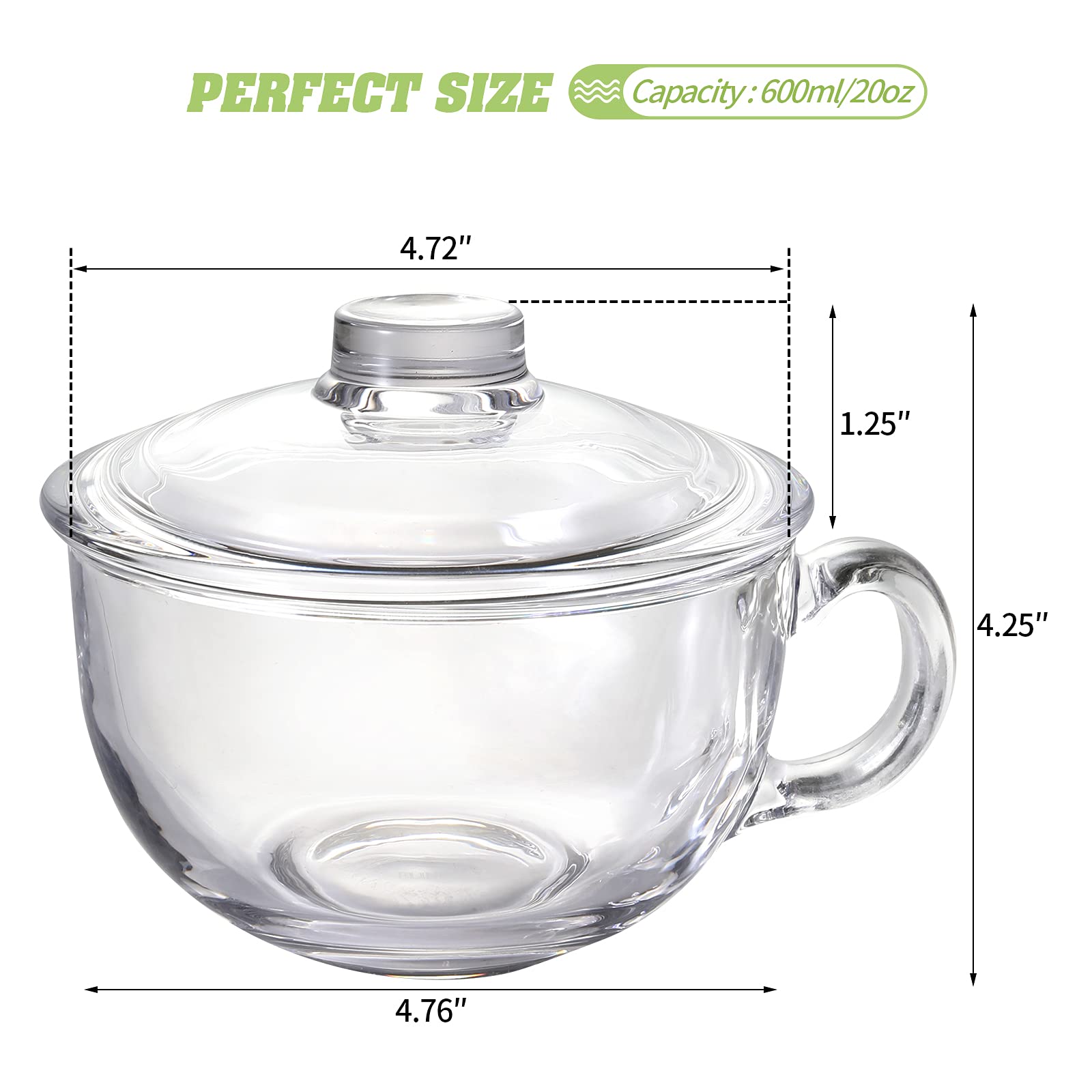 Foyofly Glass Cereal Bowl Soup Bowl with Handle Clear Small Bowls with Lid Oatmeal Breakfast Bowls Microwave Safe Glassware Yogurt Bowl Dessert Pasta Rice,500ml/16 oz