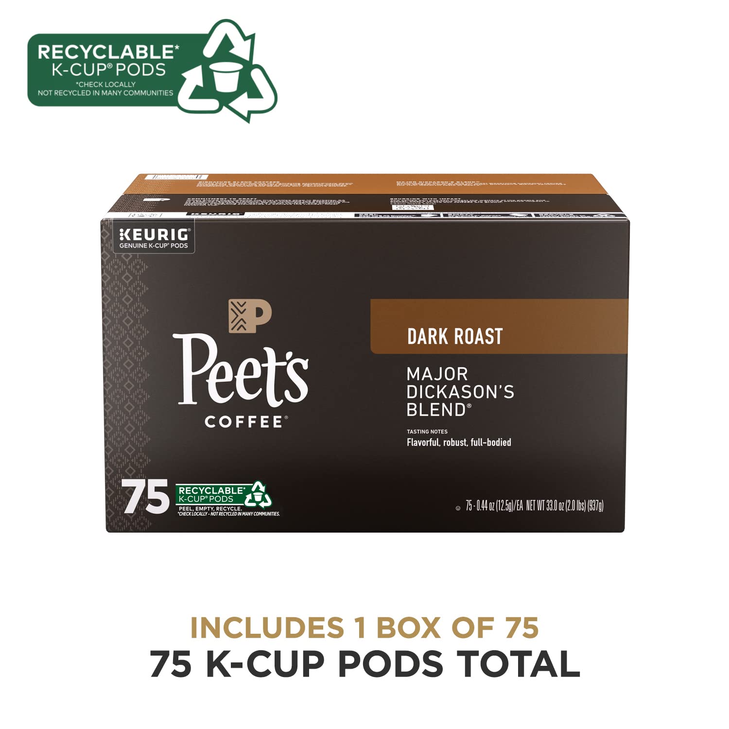 Peet's Coffee Dark Roast K-Cup Pods - 100% Arabica Major Dickason's Blend, 75 Count Box