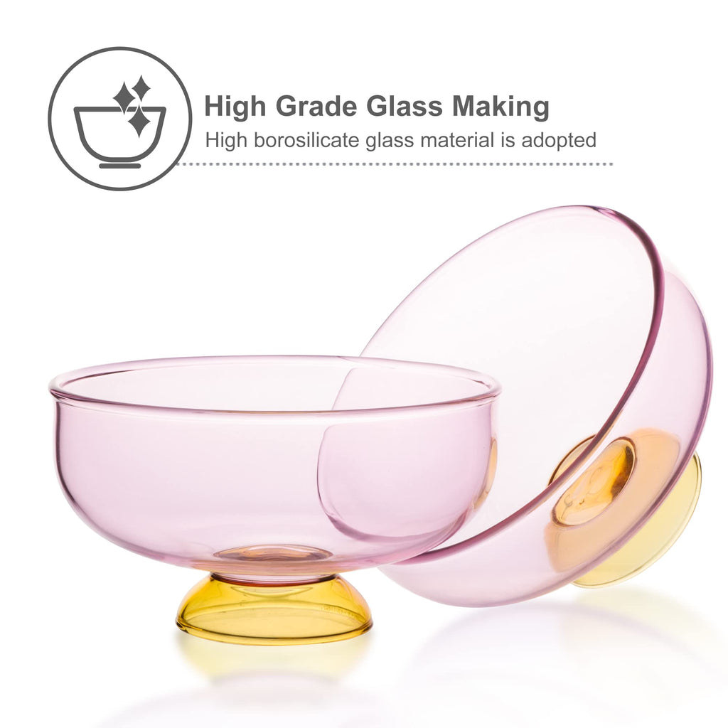 SERdeerCH Pink Glass Dessert Bowls Set of 2 Ice Cream Bowl with 2 Gold-Plated Spoons Decorative Microwave Safe for Fruit,Snack,Candy Glass Bowl Set