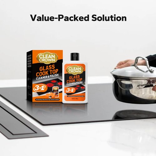 CleanCrown 3-in-1 Cooktop Cleaner Kit (8.8 Oz Cooktop Cleaner + Scrubbing Pad + Scraper), Stovetop Cleaner for Electric Top Stoves, Ceramic Cooktops & Fireplace Glass, Remove Burned on Food, Grease
