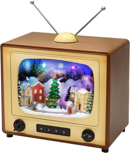 Moments in Time | Animated Retro TV Christmas Village Scene - 6” Hand-Painted Lighted Décor with LED Lights & Moving Tree