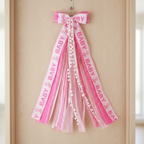 NUVCELKA Baby Girl Welcome Home Wreath Bow, 27.5" Large Pink 11-Layer Ribbon Door Hanger with Metal Clip for Front Door Baby Shower Nursery Decor