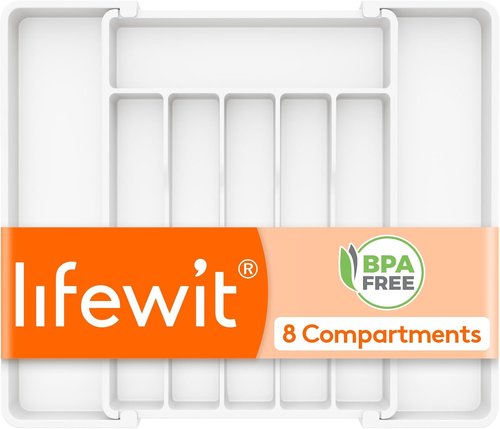 Lifewit Expandable Silverware Drawer Organizer - BPA-Free Utensil Tray for Kitchen | Adjustable 10.9"-17.5" x 13.7" - White