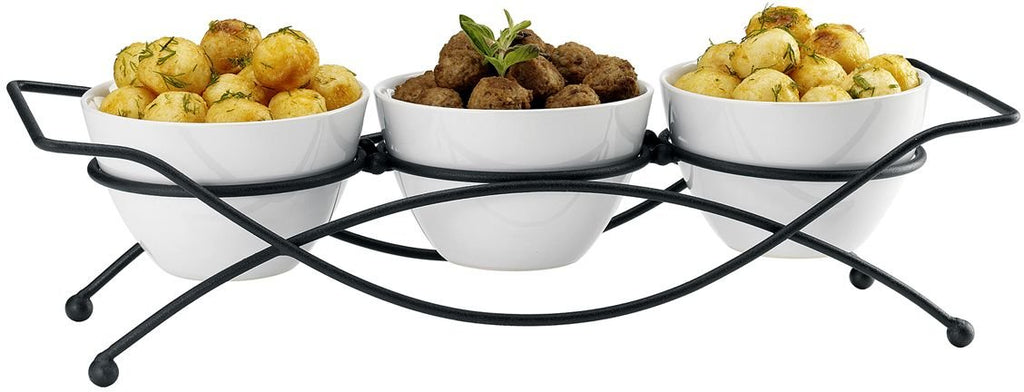 Elegant 4-piece Tier Relish Tray with White Ceramic Bowl Dish & Stand, Server Set with Metal Rack, Buffet Server for Appetizers, Candy, Nuts and Dips & Favorite Food.