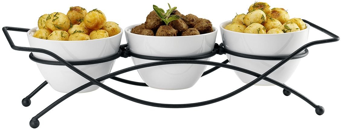 Elegant 4-piece Tier Relish Tray with White Ceramic Bowl Dish & Stand, Server Set with Metal Rack, Buffet Server for Appetizers, Candy, Nuts and Dips & Favorite Food.