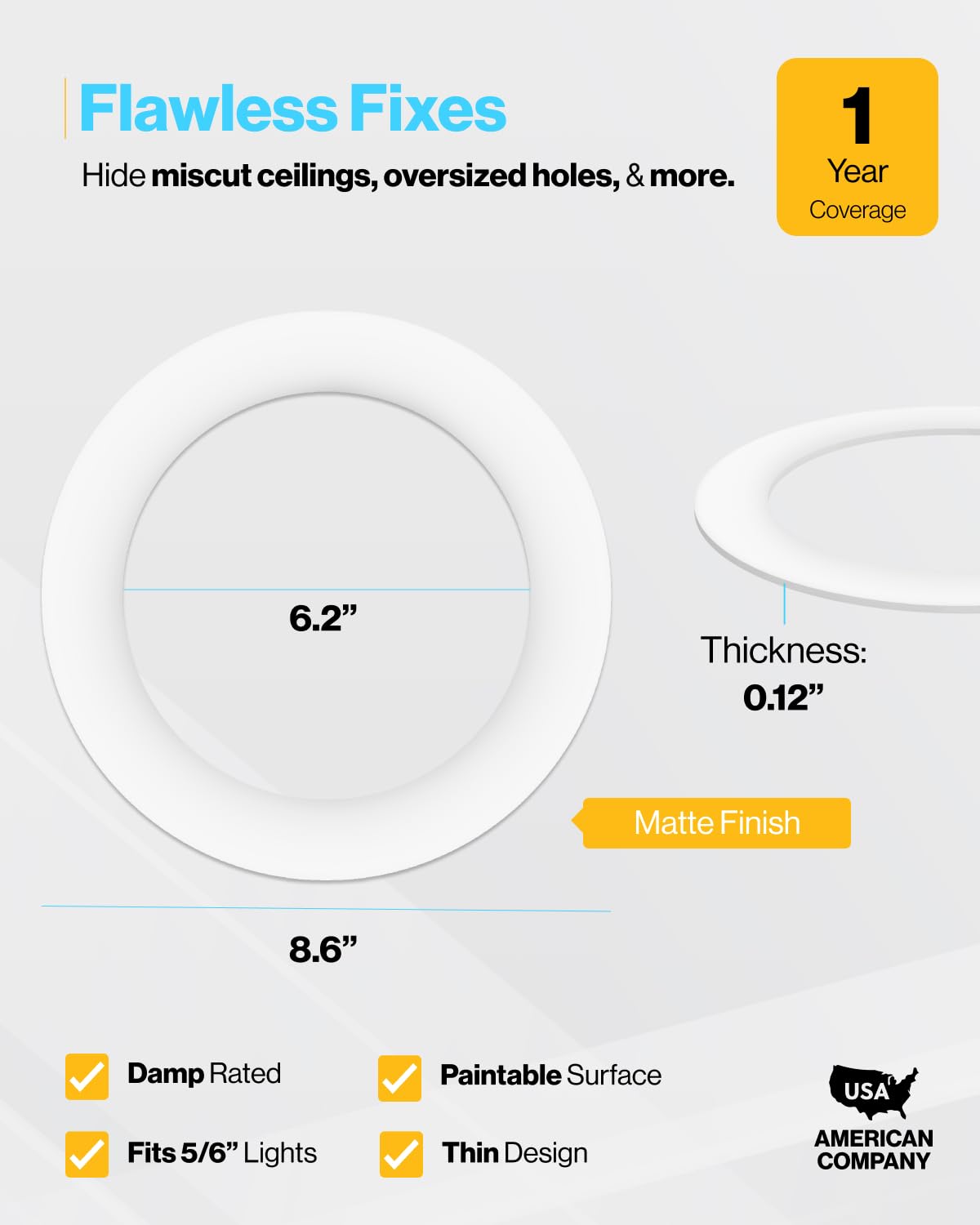 Sunco 48 Pack Goof Rings for 6 Inch Recessed Lights, Flush Mount White Can Light Trim Ring Cover, Outer Diameter 8.6 Inch, Inner Diameter 6.2 Inch, Paintable Surface, Matte Finish.
