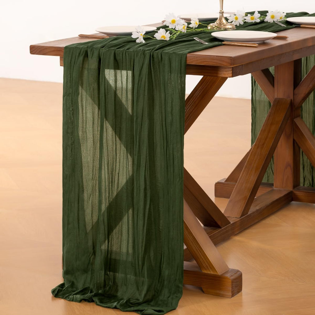 Socomi Olive Green Cheesecloth Table Runner - 120 Inch Boho Rustic Decor for Weddings & Events