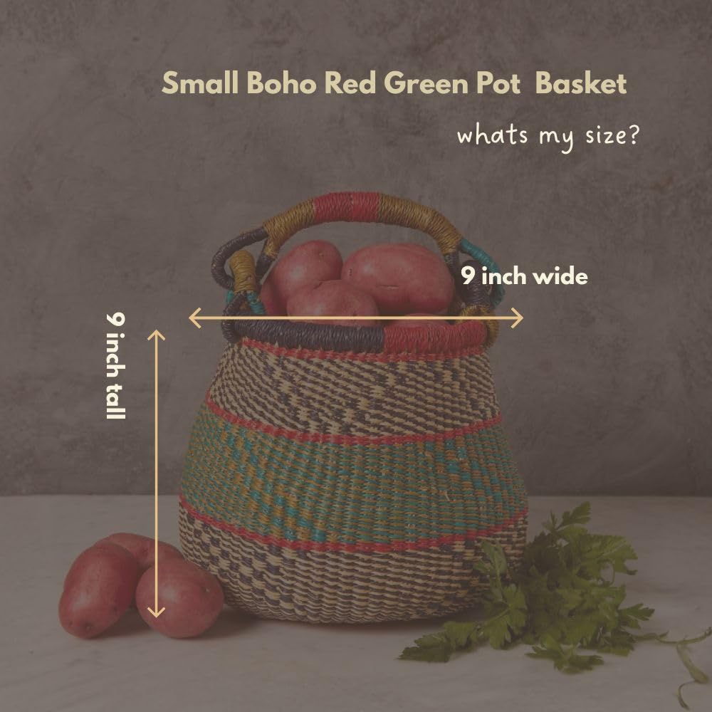 Small Fruit Basket for Kitchen Counter, Boho Pattern in Red, Green and Black, 10 Inch Wide