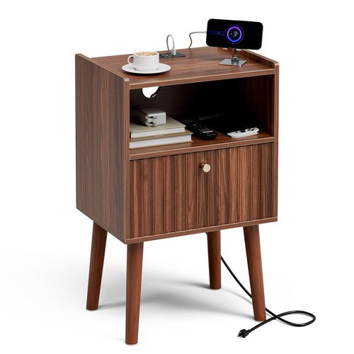 LCRBOL Side Table with Charging Station, Modern End Table with Fluted Drawer, Bedside Table, Night Stand with 2 Tiers Storage Space, for Bedroom, Living Room, Walnut