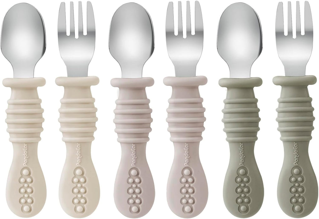 PandaEar Toddler Fork and Spoon Utensil Set - BPA Free Silicone & Stainless Steel | 6 Pack in Walnut, Linen & Brown