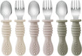 PandaEar Toddler Fork and Spoon Utensil Set - BPA Free Silicone & Stainless Steel | 6 Pack in Walnut, Linen & Brown