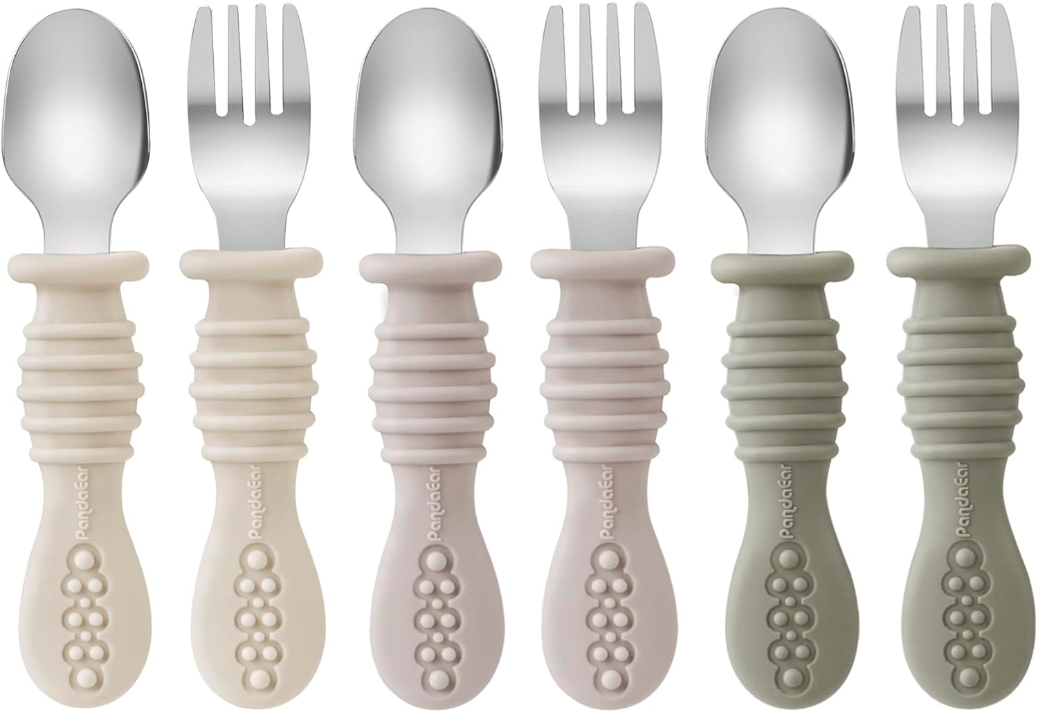 PandaEar Toddler Fork and Spoon Utensil Set - BPA Free Silicone & Stainless Steel | 6 Pack in Walnut, Linen & Brown