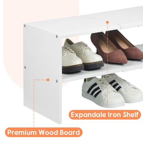 2 Pack Expandable White Shoe Rack Organizer for Closet, 2-Tier Stackable Shoe Storage Shelf, Small Iron Wood Combination Shoe Shelves for Closets,Entryway,Front Door, Narrow Space,Hallway,15-24 Pairs