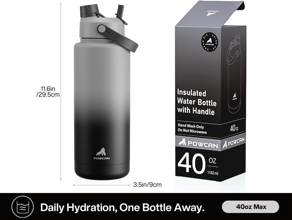 POWCAN 40 oz Insulated Water Bottle - 2-in-1 Straw & Spout Lid | Keeps Drinks Cold 24H, Leak-Proof, BPA-Free (Obsidian)