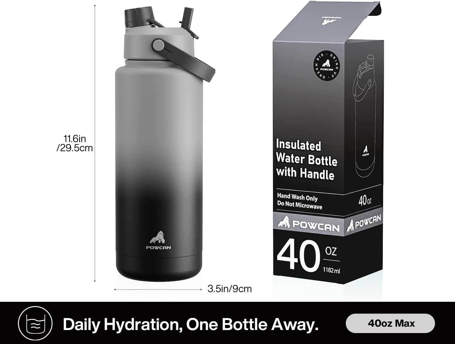 POWCAN 40 oz Insulated Water Bottle - 2-in-1 Straw & Spout Lid | Keeps Drinks Cold 24H, Leak-Proof, BPA-Free (Obsidian)