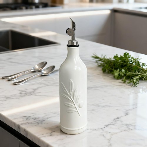 Lurockie 20 Oz Ceramic Olive Oil Dispenser Bottle, with Stainless Steel Spout & Funnel, Ideal for Oil, Vinegar, Coffee Syrup & Liquids (White)